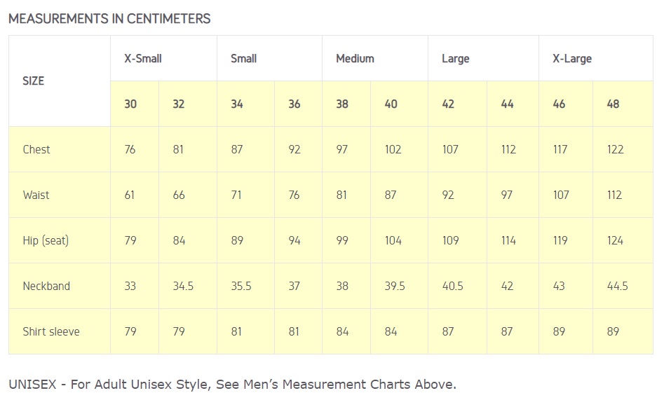 جدول سایز بدن